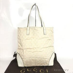 Gucci GG Canvas Tote Bag Beige monogram white leather
